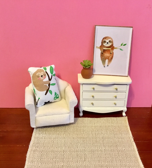 Dollhouse Miniature Sloth Pillow, Picture, Succulent Plant & Taupe Rug 112 Scale