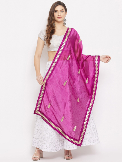 Women's Silk Blend Purple & Gold-Toned Ethnic Motifs Embroidered Dupatta With Gotta Patti Free Shipping