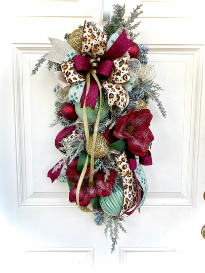 Maroon Gold & Sage Green Christmas Swag, Magnolia Swag For Front Door, Hanging Decor