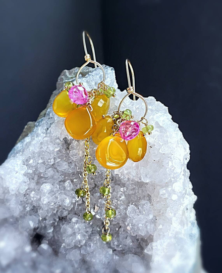 Mango Chalcedony Pink Topaz & Green Garnet Cluster Earrings On Handformed Gold Filled Earwires