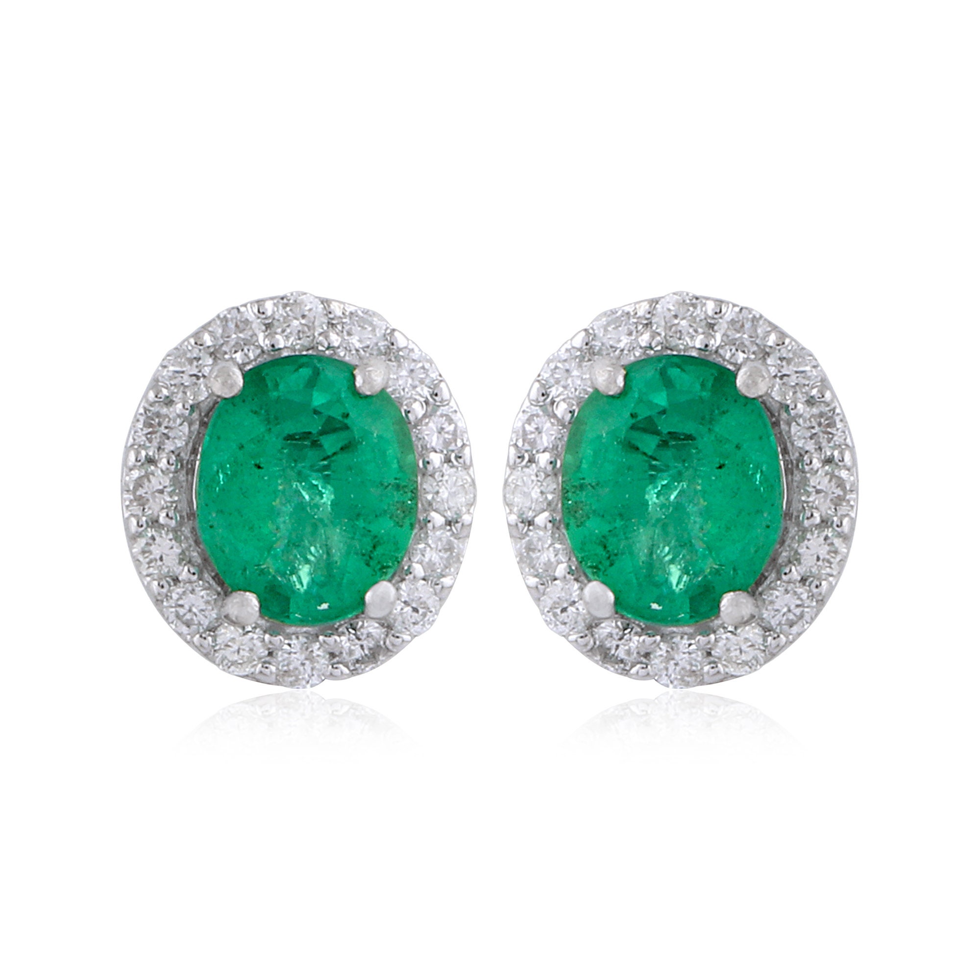 18K Gold Diamond Halo Cluster Stud Earrings, Natural 1.31Ct Oval Emerald & 0.3Ct Earrings