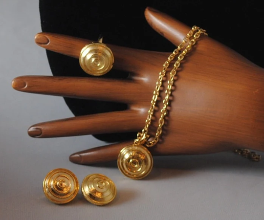 Vintage Gold Plated Jewelry Set...earrings, Necklace, Ring 1970S