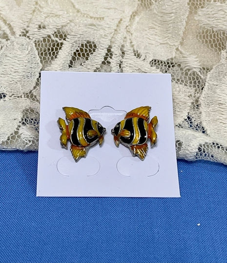 Tropical Fish Earrings. Orange Yellow Black With Posts For Pierced Ears. Beach Fun Party Jewelry. Gag. Gift Boxed
