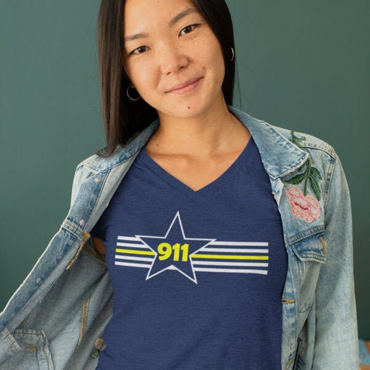 911 Thin Gold/Yellow Line Star & Stripes Ladies V Neck T Shirt