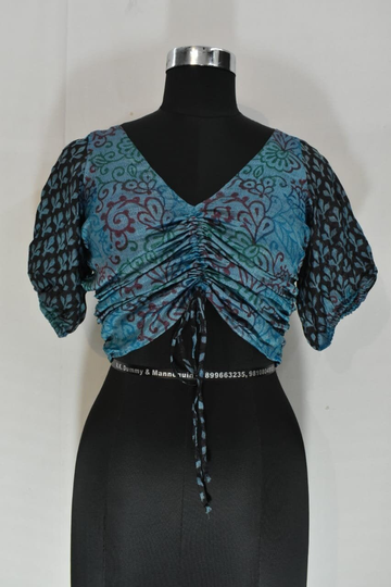 Puff Sleeve Crop Top Vintage Silk Blend Blouse Floral Hand Print