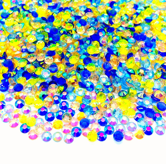Parrot Blend Rhinestone Mix 3/4/5/6mm Flatback Transparent Resin Rhinestones Mixed Size, Blue | Yellow