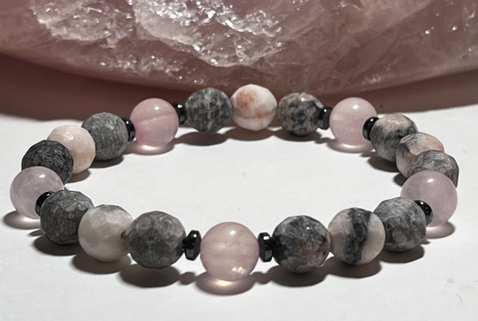 Anxiety Relief Crystal Bracelet Pink Zebra Jasper & Rose Quartz & Hematite 8mm Bracelet. Unisex .womens