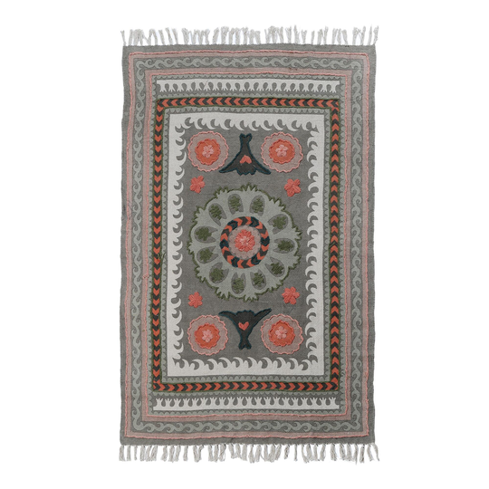 Sage Green Floral Embroidered Cotton Jaipur Area Rug: Multi - 3' x 5' by World Market