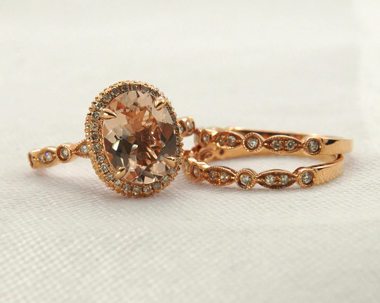 Wedding Ring Set, Oval Morganite, Vintage Diamond Band, 14K Rose Gold