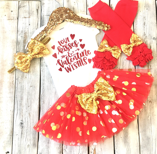 Girls Valentines Outfit, Red Gold Valentines Tutu, Love Kisses Wishes, 1st First