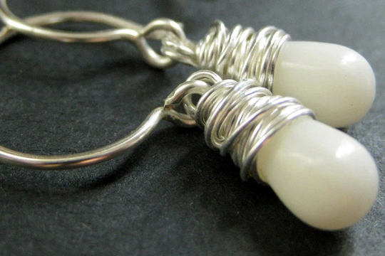 White Coral Earrings. Teardrop Earrings Wire Wrapped in Silver. Handmade Jewelry