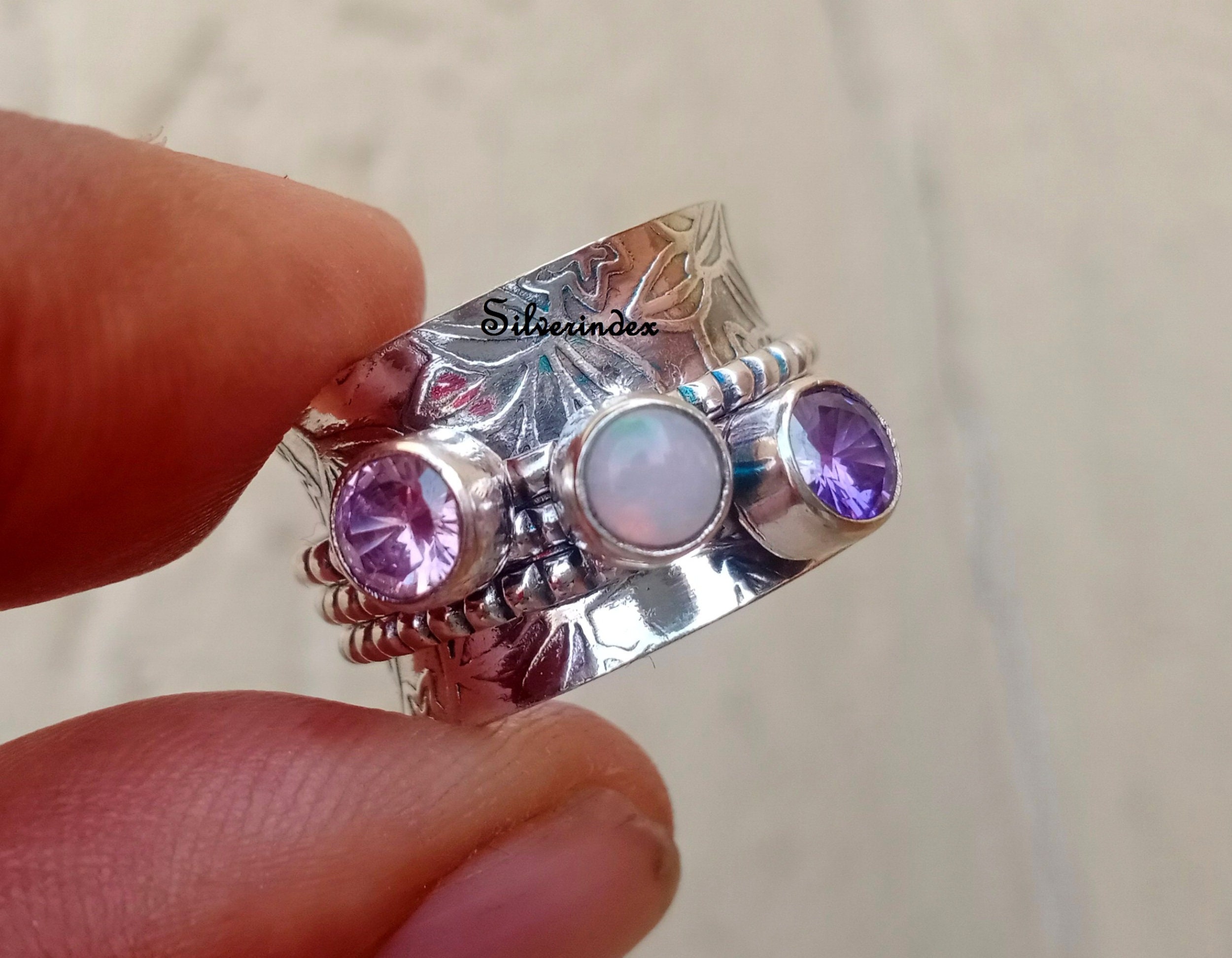 Amethyst Ring, Spinner 925 Sterling Silver Ring , Anniversary Rose Quartz & Opal , Worry Fidget , Wonderful