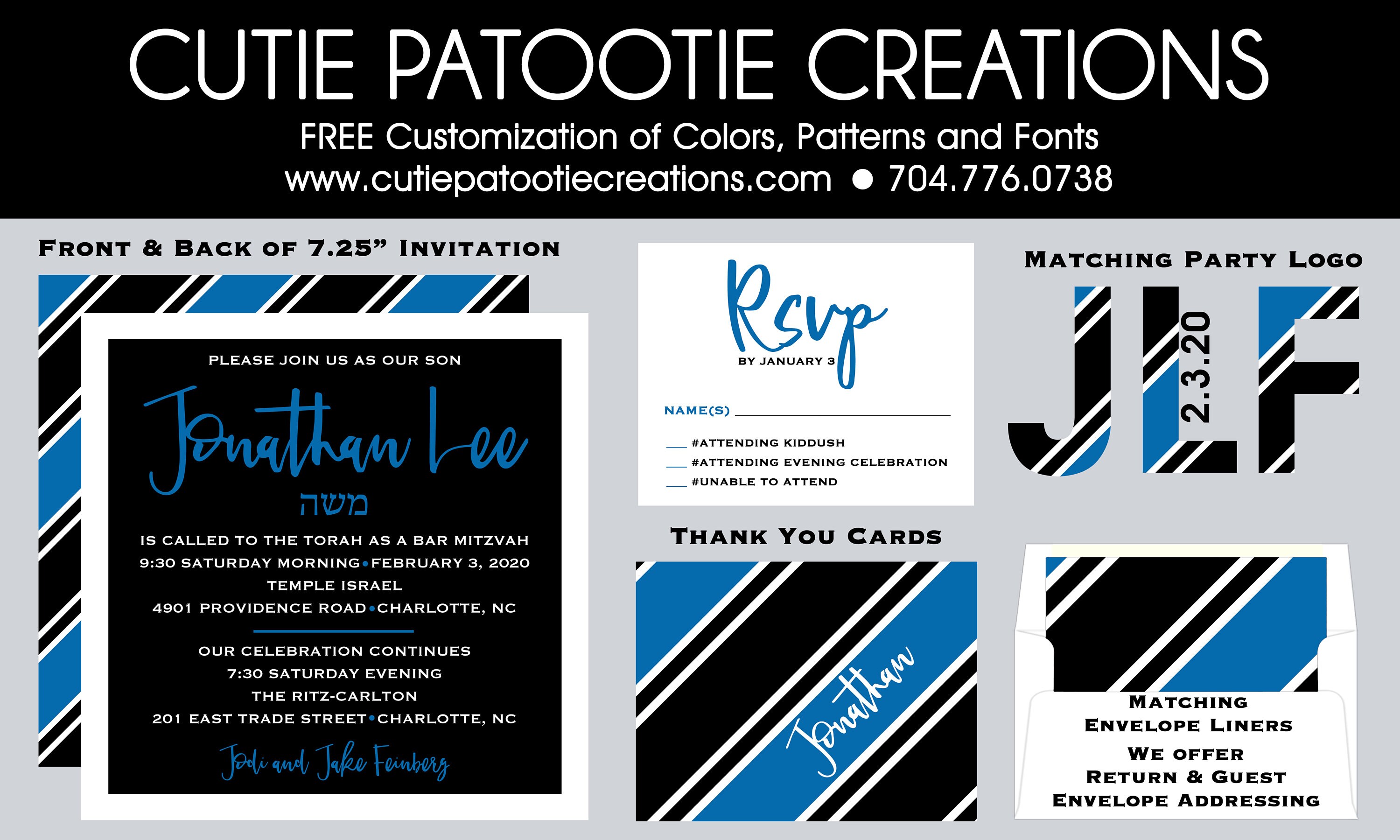 Bar Mitzvah Invitations - Rsvp Card Thank You Notes Save The Date Logo Envelope Addressing Liner