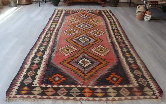 Vintage Anatolian Kilim Rug, Large Turkish Kilim, Ethnic Bohemian Wide Runner/N-648 5'2"x10'5"