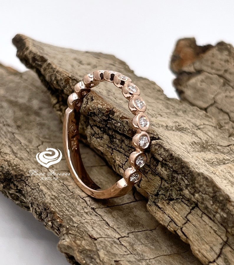 Diamond Wedding Band 14K Rose Gold, Half Eternity Band, Moissanite Stacking Bands, Stackable