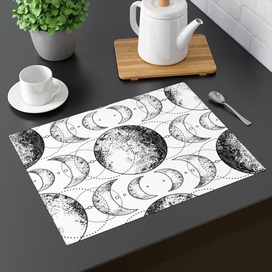 Black Celestial Boho Bohemian Moon Phases Stars Placemat Desk Mat, Witchy Astrology Home Décor, Tarot, Magic Witchcraft Wicca Wic
