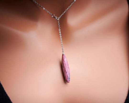 30mm Long Genuine Untreated Pink Rhodonite Gemstone Drop Pendant. Stainless Steel Adjustable Chain