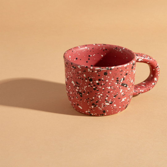 Black & White Speckled Pattern On Red Mug With Handle Cup Made From Stoneware Birthday Gift For Tea Coffee Lover His Hers