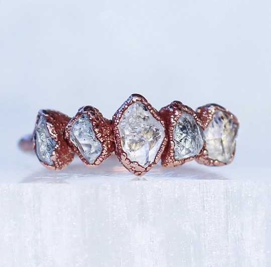 Herkimer Diamond Multi Stone Ring, Stackable Raw Crystal Boho Wedding Copper Band, Rustic