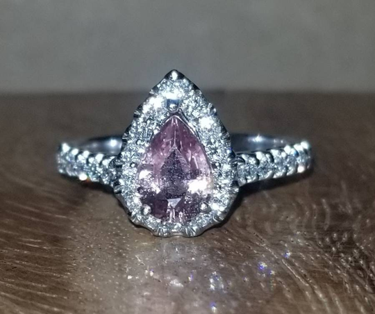 14K White Gold Engagement Ring 1.22Ct Natural Peach Gem Sapphire in Pear Shape