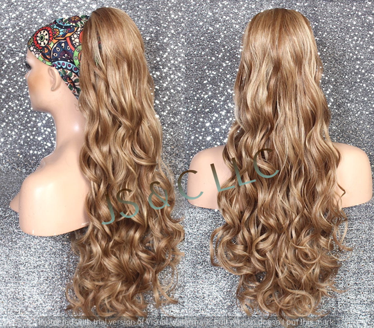 Dark Blonde Mixed Human Hair Blend Ponytail Piece Drawstring Ex Long Wavy/Curly Simply Put It On & Go Can Be Wrapped Around As A Bun