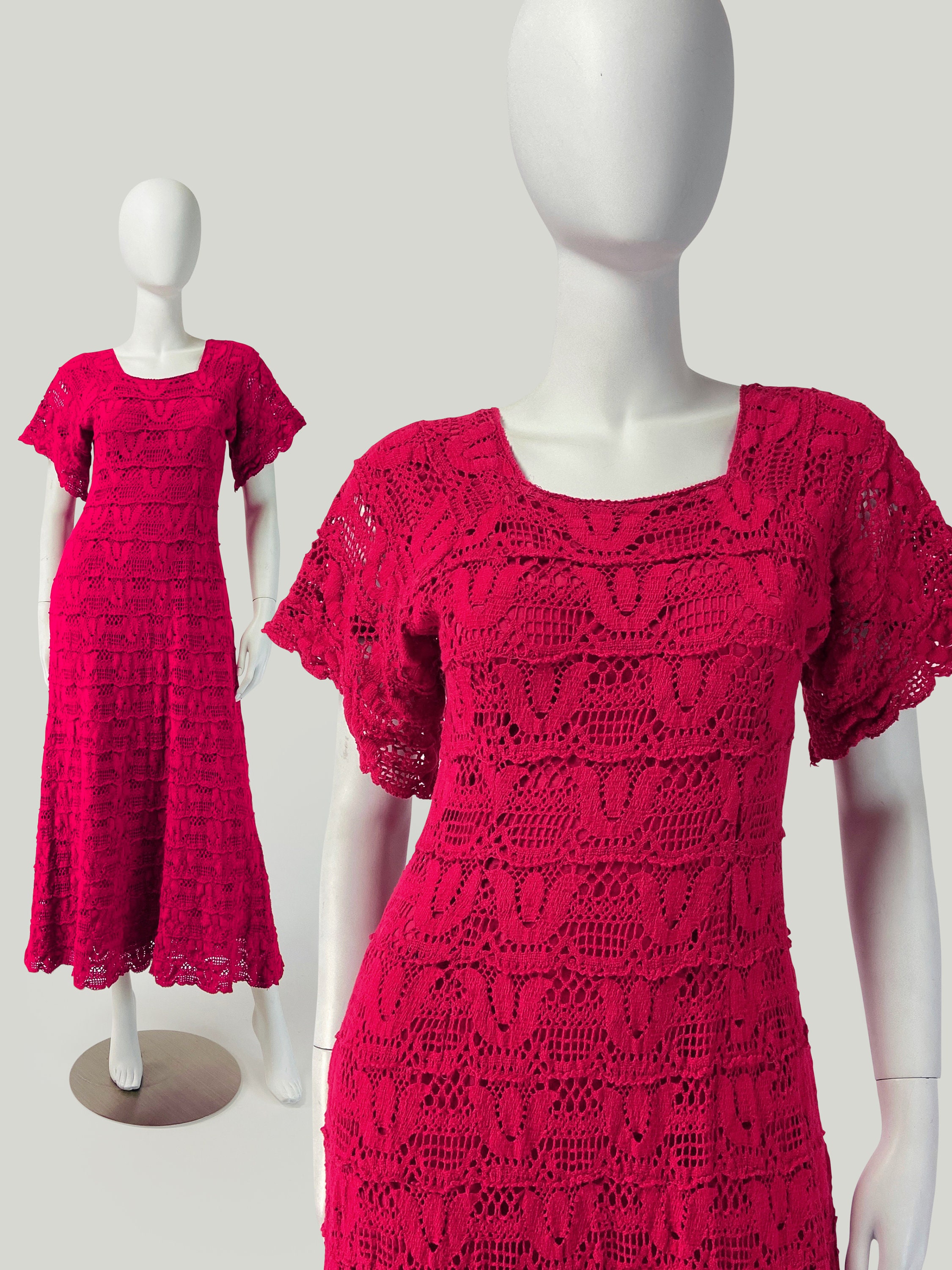 Vintage 70S Crochet Maxi Dress, Boho Long Red Butterfly Sleeve Xs Small Size 2 4 Us, 6 8 Uk P126