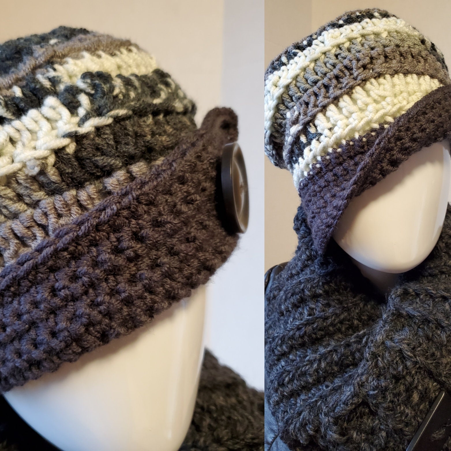 Grey Blend Hat & Cowl Scarf Crocheted - Neckwarmer Scarf- Cowl- Matching Hat- Multiscarf