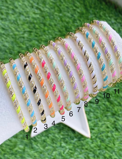 Adjustable 18K Gold Plated Enamel & Cz Pave Bangle Bracelet. Colorful Stackable Bracelet