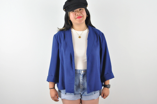 80S Navy Blue Blazer - Extra Large | Vintage Slouchy Short Linen Blend Jacket Lightweight