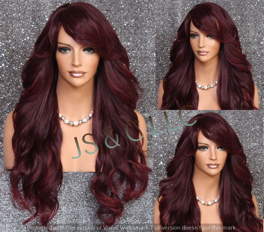 Burgundy Mix Human Hair Blend Full Wig With Bangs Lovely Open Curls Long Luscious Cancer Alopecia Theater Cosplay Fashionable