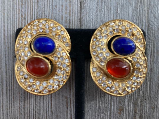 Gorgeous Vintage 1980's Gold Gripoix Classic Runway Clip Earrings With Red & Blue Cabochons Rhinestones