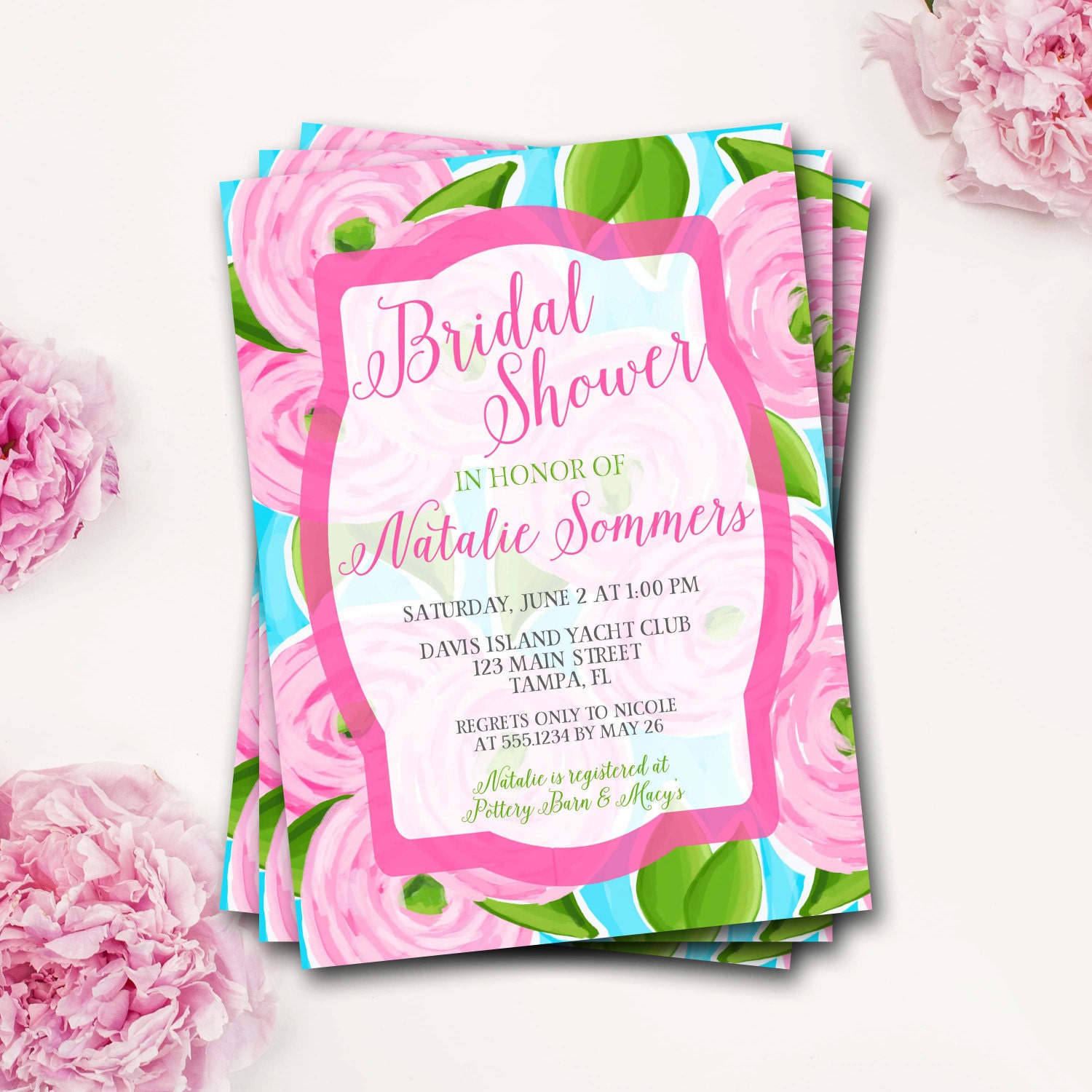 Floral Bridal Shower Invitation, Flower Shower, Watercolor Preppy Lilly