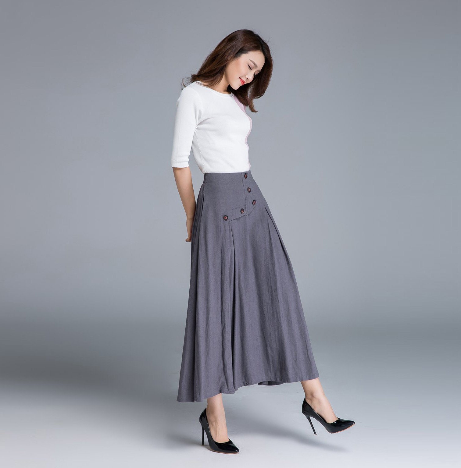 Linen Skirt, Spring Button Elastic Maxi Pleated Skirt With Pockets, Plus Size Ethnic 1661#