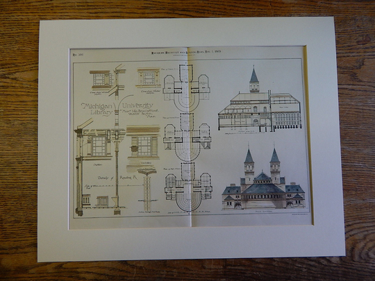Michigan University Library, 1885, Van Brunt & Howe, Architects. Hand Colored, Original Plan. Architecture, Antique, Illustration, Historic