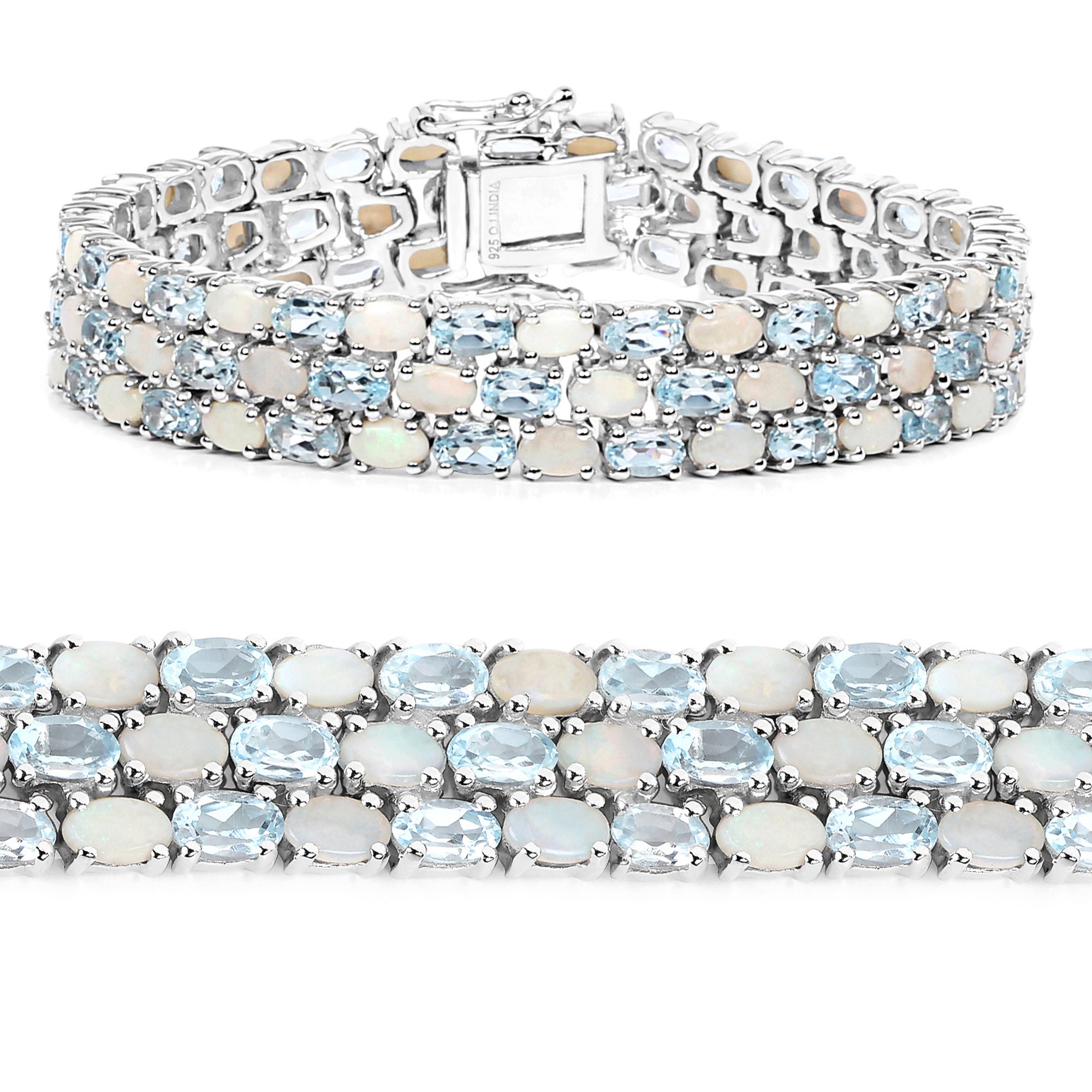 Blue Topaz Bracelet, Natural & Opal Ovals 3-Row Tennis Bracelet in .925 Sterling Silver, December Birthstone Anniversary
