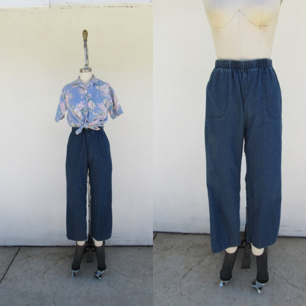 90S Denim Blue Minimalist Cotton Blend Easy Pants | Drawstring Pocketed Lounge Waist 28 To 34 L