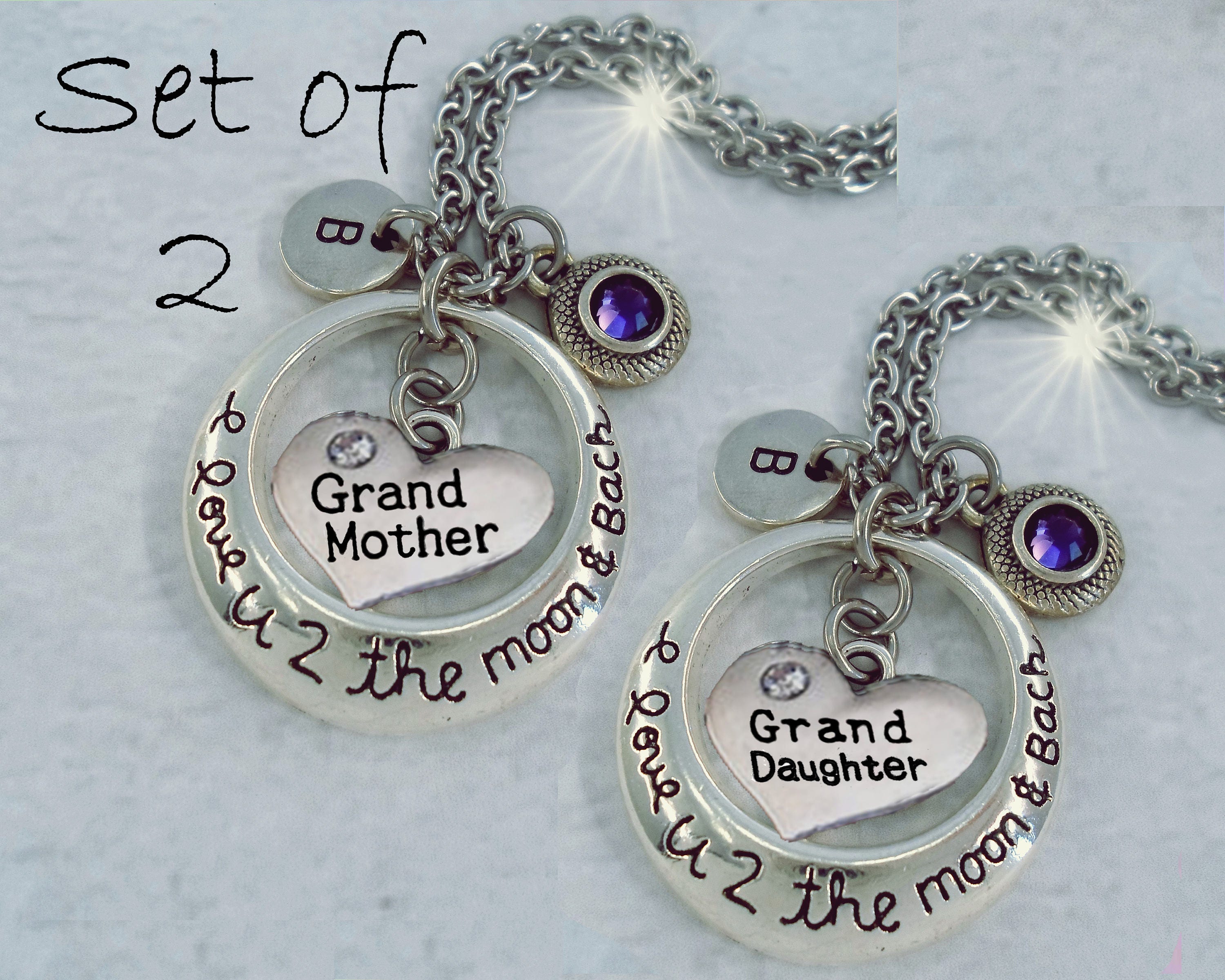 Set Of 2 Grandmother Granddaughter Necklaces, I Love U The Moon & Back W-Letter Charm & Birthstone Crystal, Grandma Gift