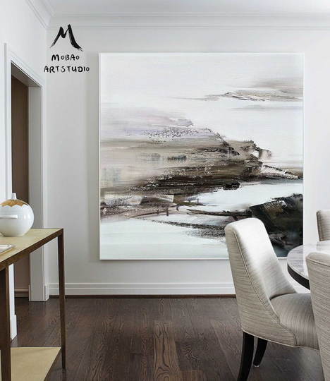 Original Abstract Painting, Large Wall Art Minimalist Style Painting, Original Gray White Oil Paintings On Canvas
