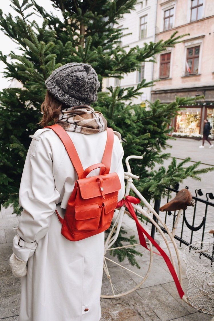 Small Leather Backpack/Handcrafted Leather Mini Bag With Two Front Pockets Made From Full Grain Red