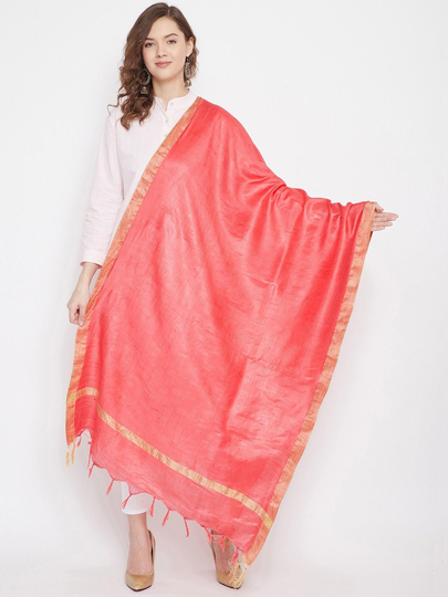Women's Cotton Blend Coral & Gold-Toned Solid Dupatta Free Shipping