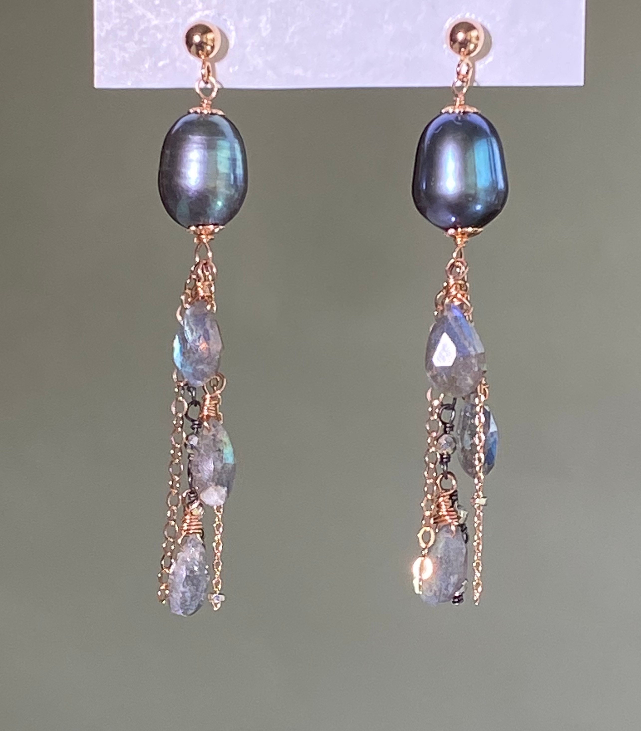 Labradorite Tassel Earring Rose Gold Black Pearl Dangle Long Grey Gem Gemstone Sparkly Mom Gift For Her