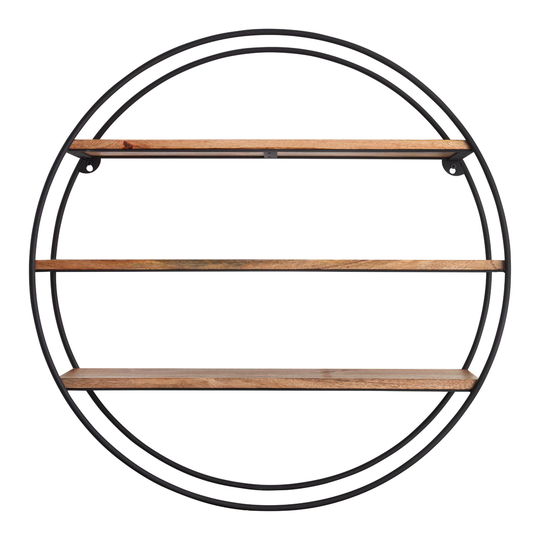 Round Black Metal and Natural Mango Wood Wall Shelf by World Market