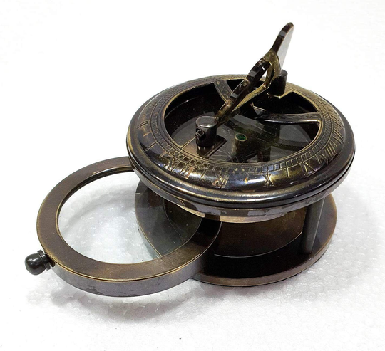 Antique Nautical Black Round Sundial Compass 2.5" Brass Navigation With Magnifying Glass