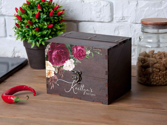 Floral Recipe Card Box 4x6, Personalized Christmas Gift For Mom, Wooden With 9 Dividers & 150 Cards, Gift Grandmother