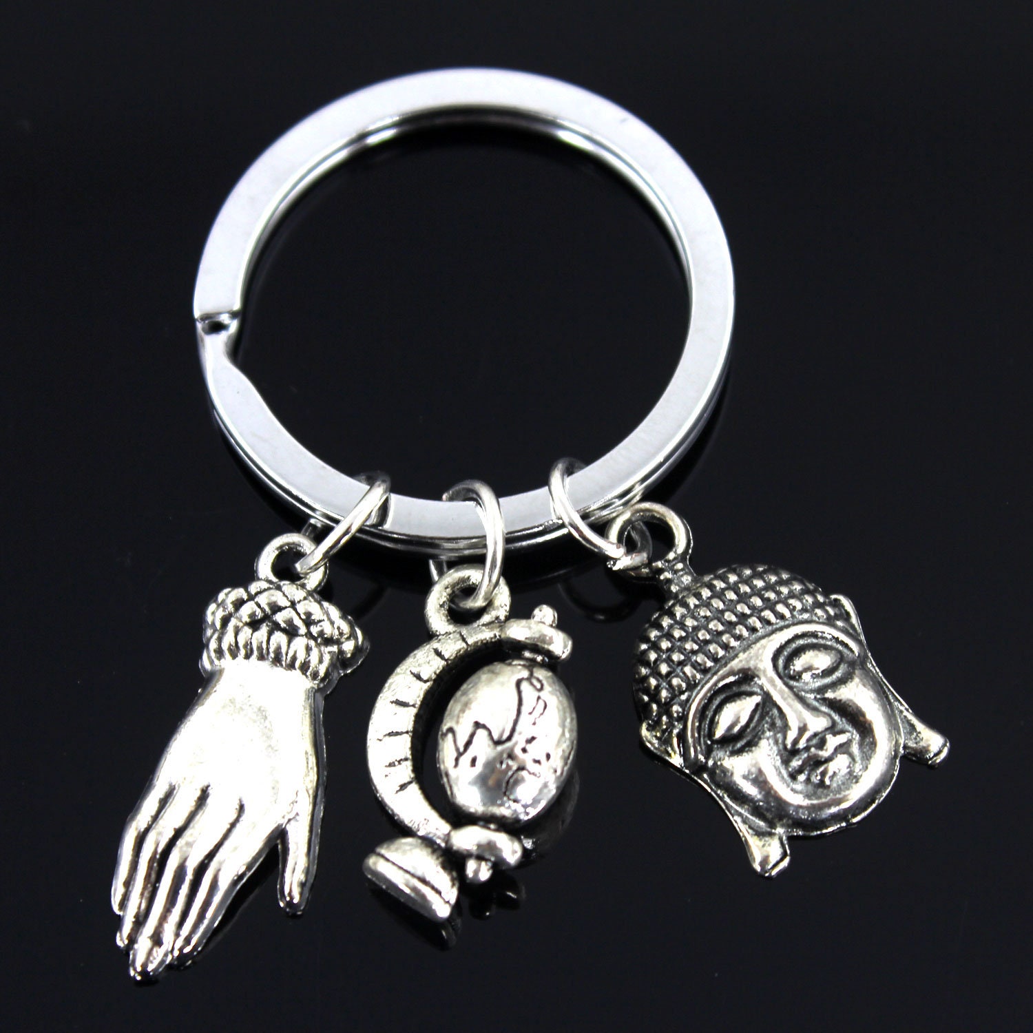 Buddha Head Charm, Buddha's-Hand Keyring, Key Ring, Globe Keychain, Personalized Keychain, Tibetan Buddhak Keychain , Yoga, Boho Keyring