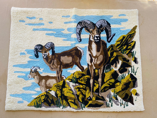 Beautiful Vintage Bighorn Sheep Hooked Rug Wall Hanging 1970's Utah