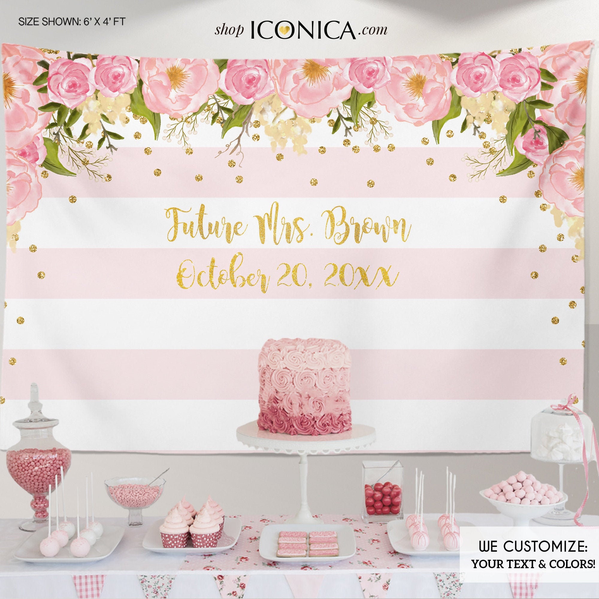 Floral Bridal Shower Backdrop Gold & Pink Dessert Table Banner Any Event Watercolor Flowers Garden Printed Or Printable File Bbr0001