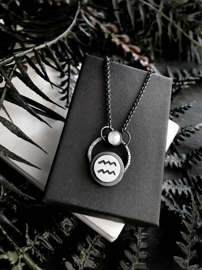Aquarius Pendant With Rose Cut White Moonstone - Dainty Handmade Sterling Silver Zodiac Symbol Necklace Custom Sun Sign Astrology Jewelry