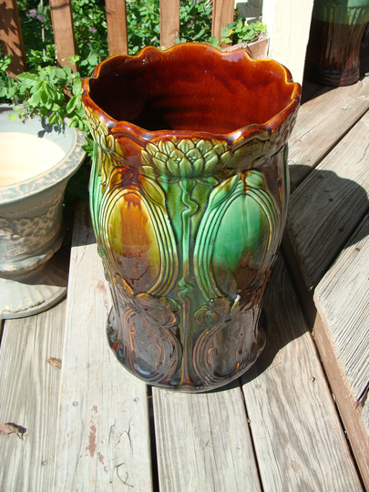 Weller Art Pottery Umbrella Stand Floor Vase With Blended Majolica Green & Brown Drip Glaze Vintage Water Lily 18"+