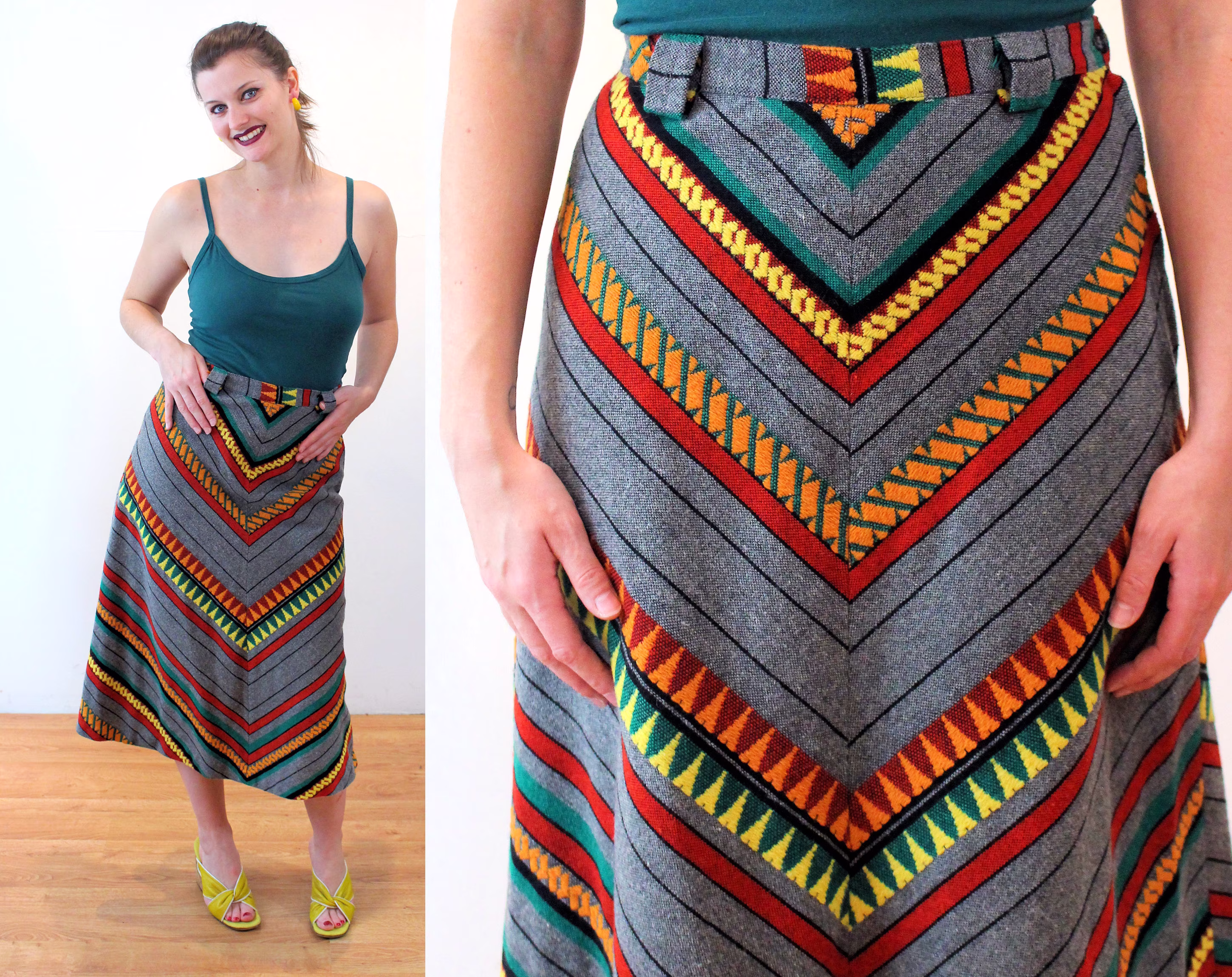70S Chevron Striped A-Line Skirt M, Vintage Gray Orange Green Woven Wool Blend "Prestige Of Boston" Midi, Medium